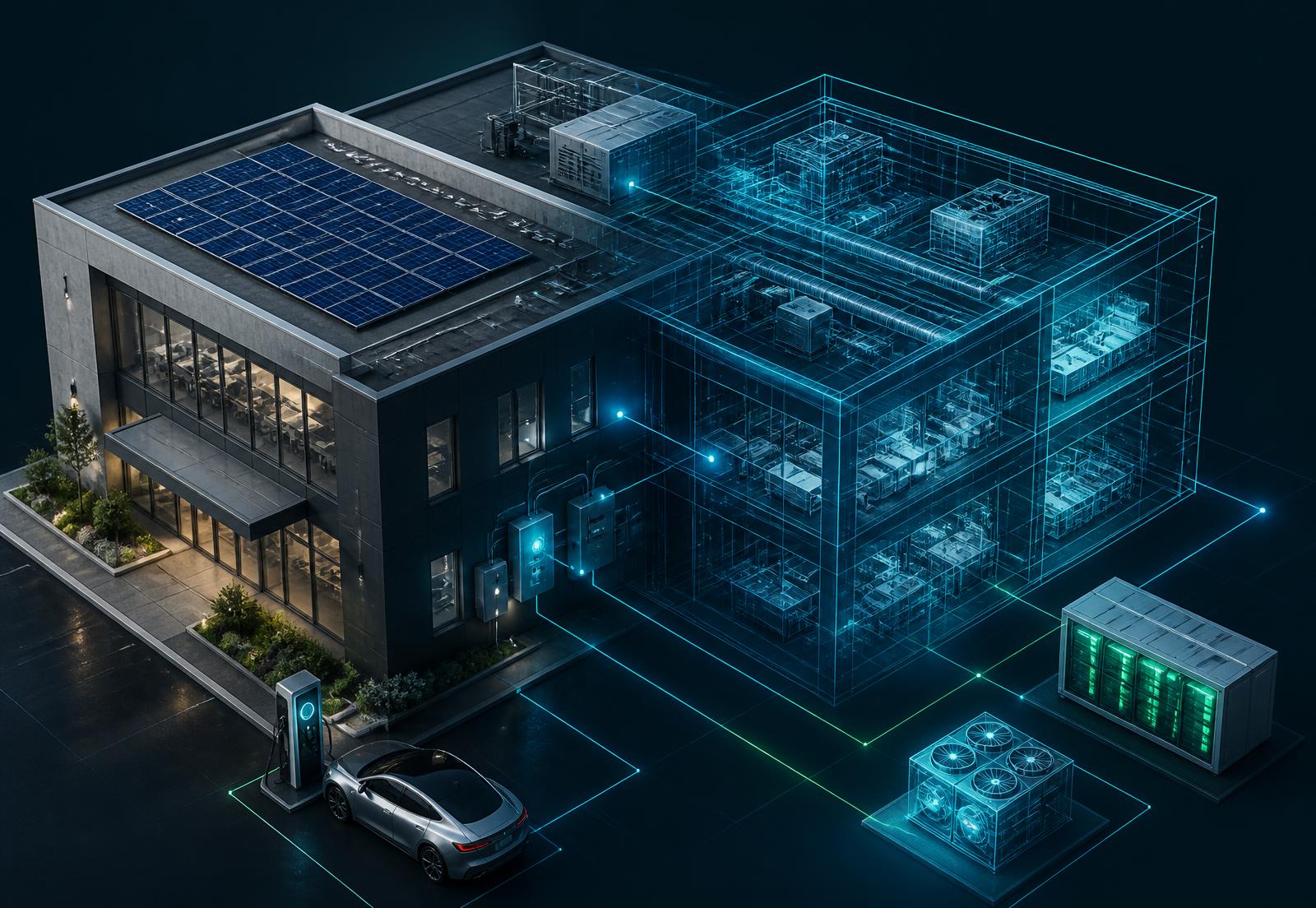 A modern facility transitioning from a physical building into a digital twin with energy and equipment data layers