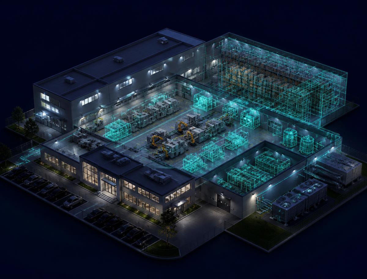 Industrial facility with a digital twin overlay on machines and electrical systems