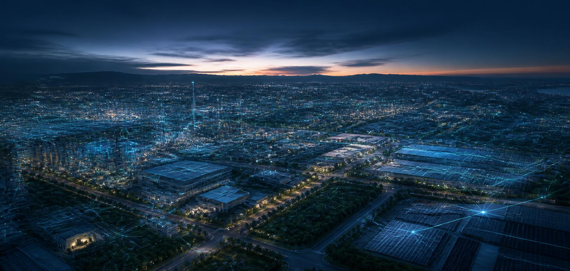 Aerial view of an urban and industrial landscape overlaid with a digital network mesh at dusk